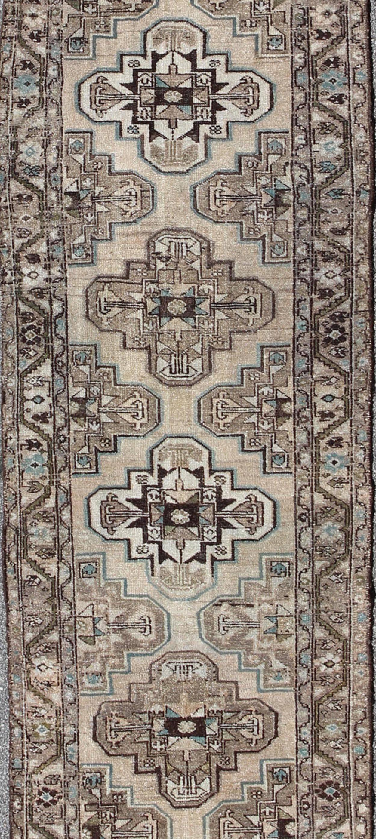 Tribal Antique Persian Hamadan Runner with Stacked Medallion  For Sale