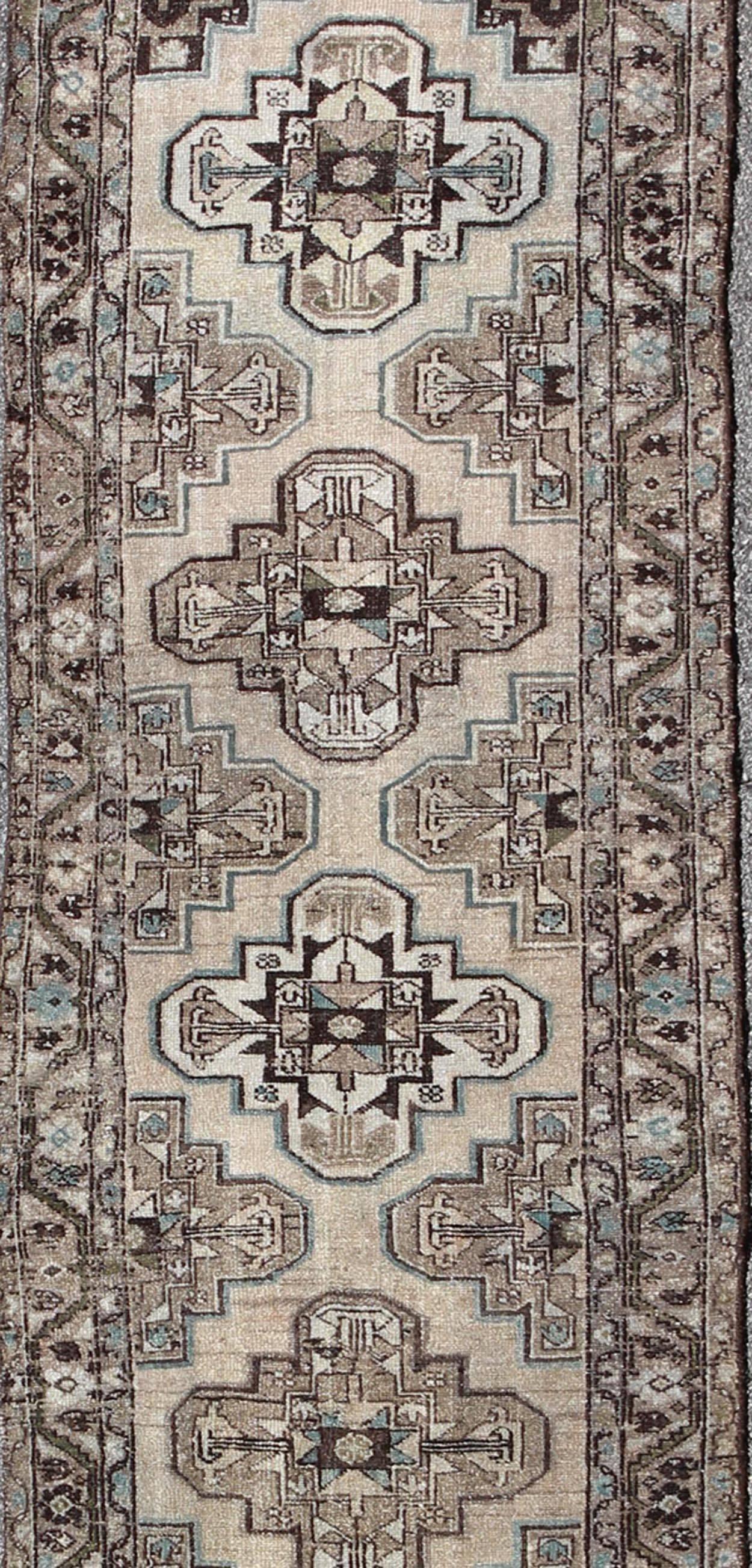 Hand-Knotted Antique Persian Hamadan Runner with Stacked Medallion  For Sale