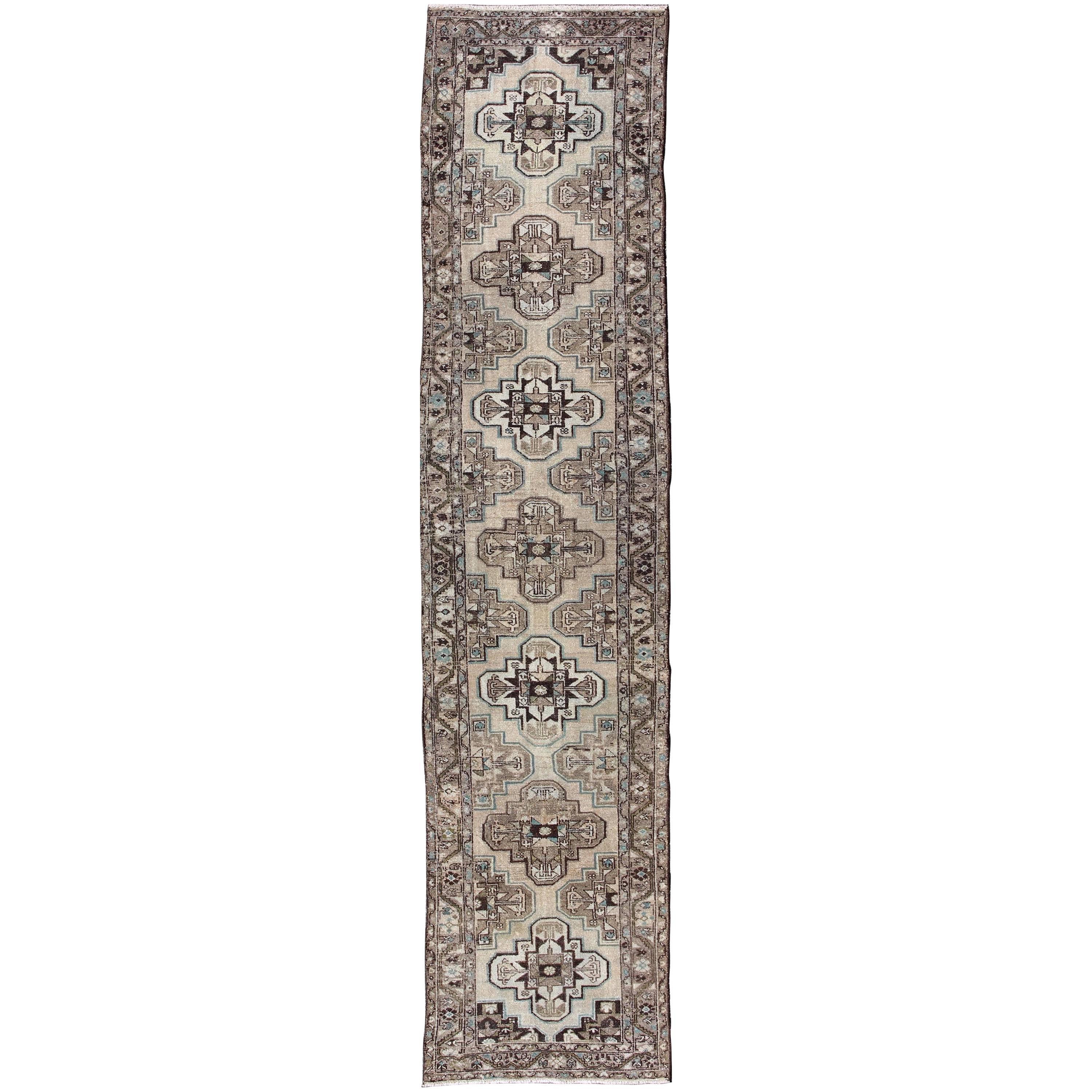 Antique Persian Hamadan Runner with Stacked Medallion  For Sale