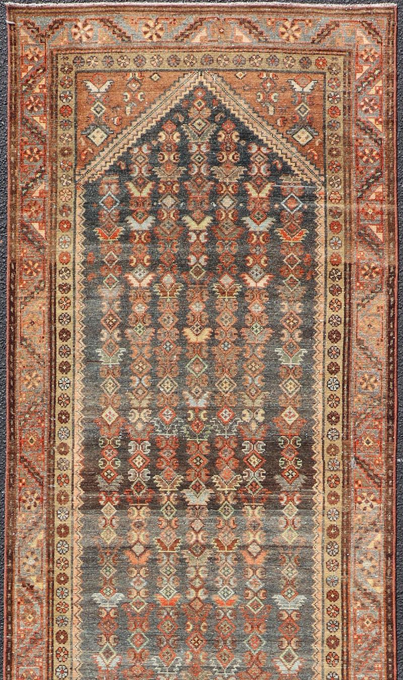 Measures: 3'3 x 10'8
Antique Persian Hamadan Runner with Sub-Geometric Tribal Motif Design. Keivan Woven Arts; rug EMB-22198-15096; country of origin / type: Persian / Hamadan, circa 1920.

This antique Persian Hamadan rug features a