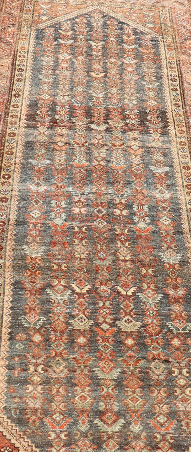 Antique Persian Hamadan Runner with Sub-Geometric Tribal Motif Design In Good Condition For Sale In Atlanta, GA