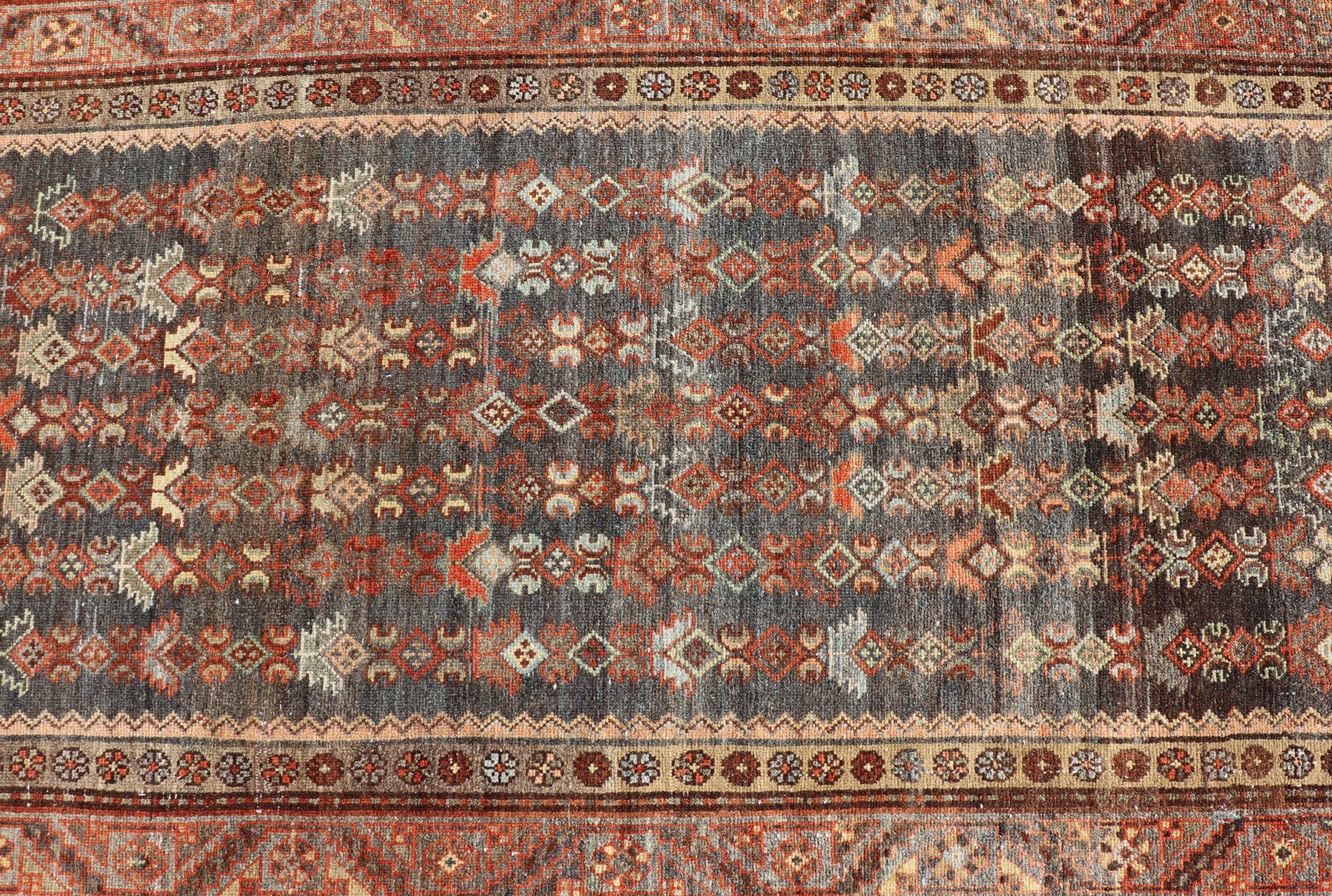 Wool Antique Persian Hamadan Runner with Sub-Geometric Tribal Motif Design For Sale