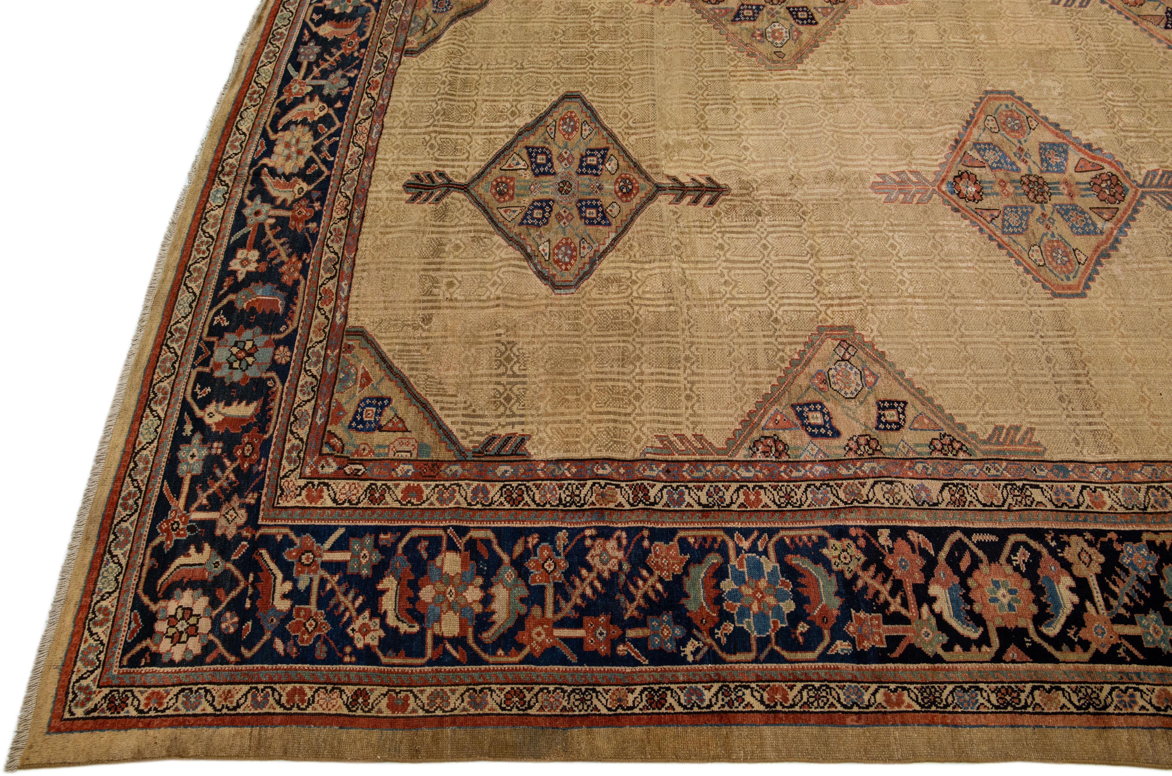 Hand-Knotted Antique Persian Hamadan Tan Handmade Geometric Motif Wool Rug For Sale