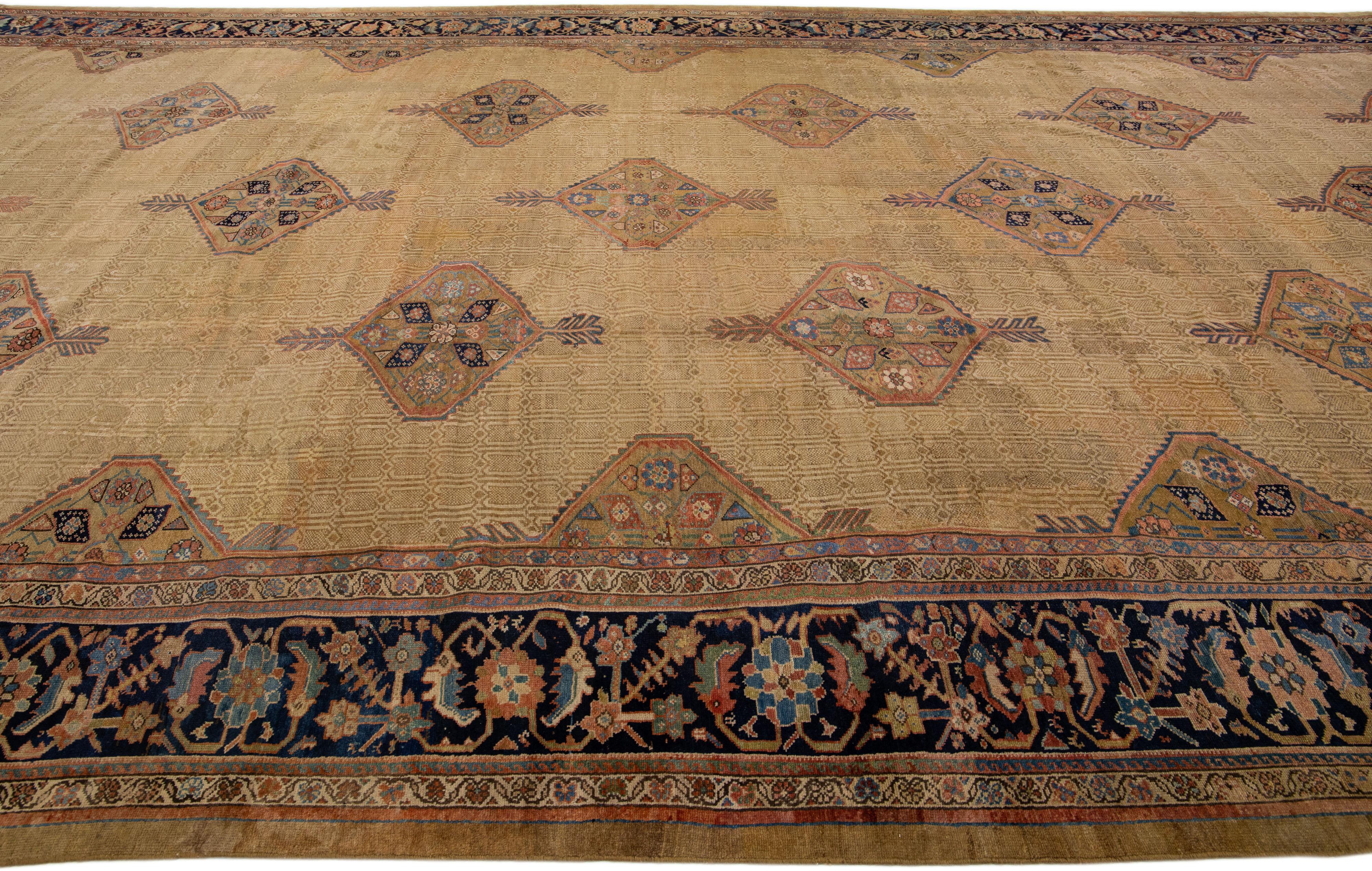 19th Century Antique Persian Hamadan Tan Handmade Geometric Motif Wool Rug For Sale