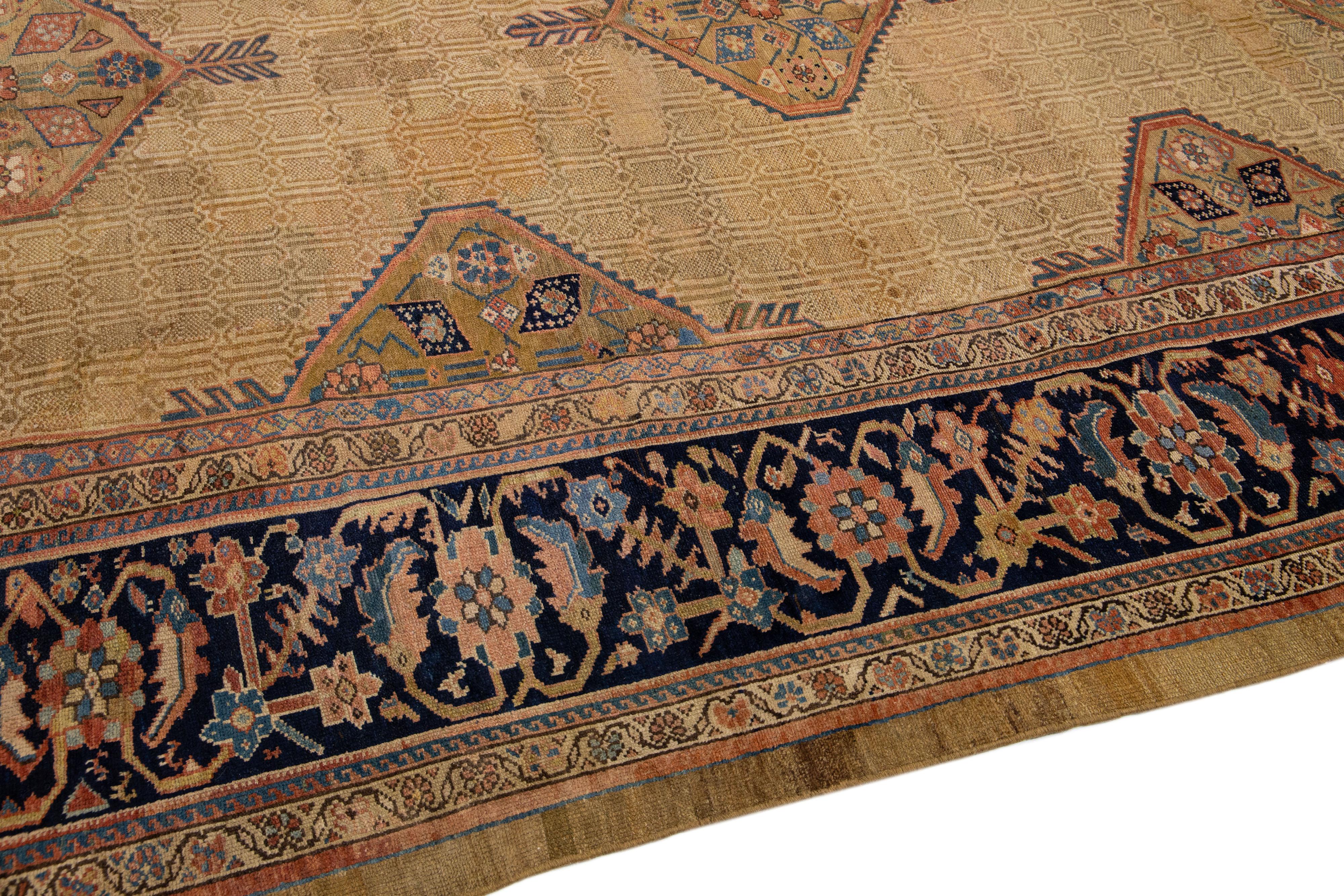 Antique Persian Hamadan Tan Handmade Geometric Motif Wool Rug For Sale 1