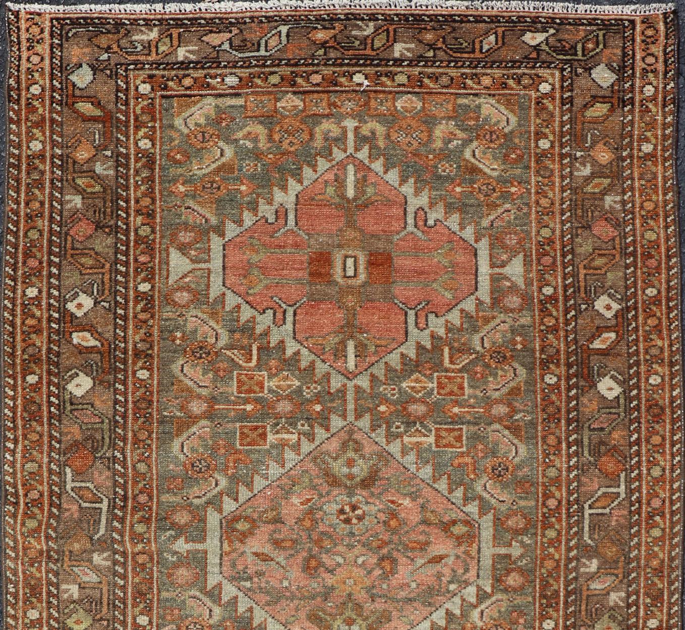Hand-Knotted Antique Persian Hamedan in Rustic Earthy Tones With Tribal Medallions For Sale