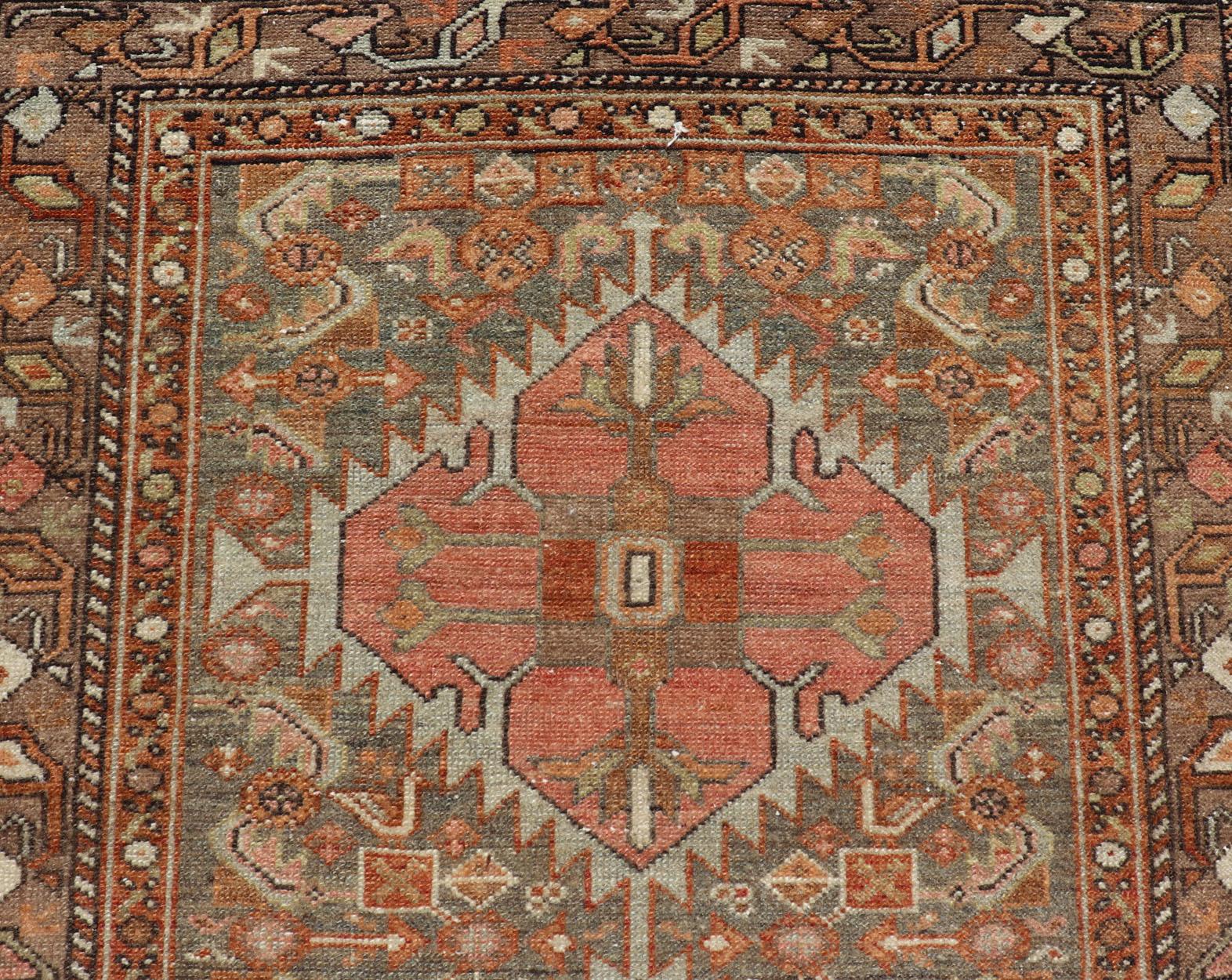 Antique Persian Hamedan in Rustic Earthy Tones With Tribal Medallions For Sale 1