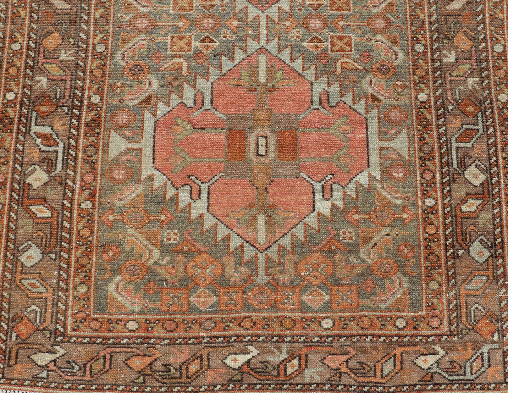 Antique Persian Hamedan in Rustic Earthy Tones With Tribal Medallions For Sale 2