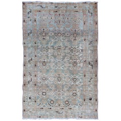 Antique Persian Hamedan Rug with All-Over Geometric Design in Blue, Gray, Coral