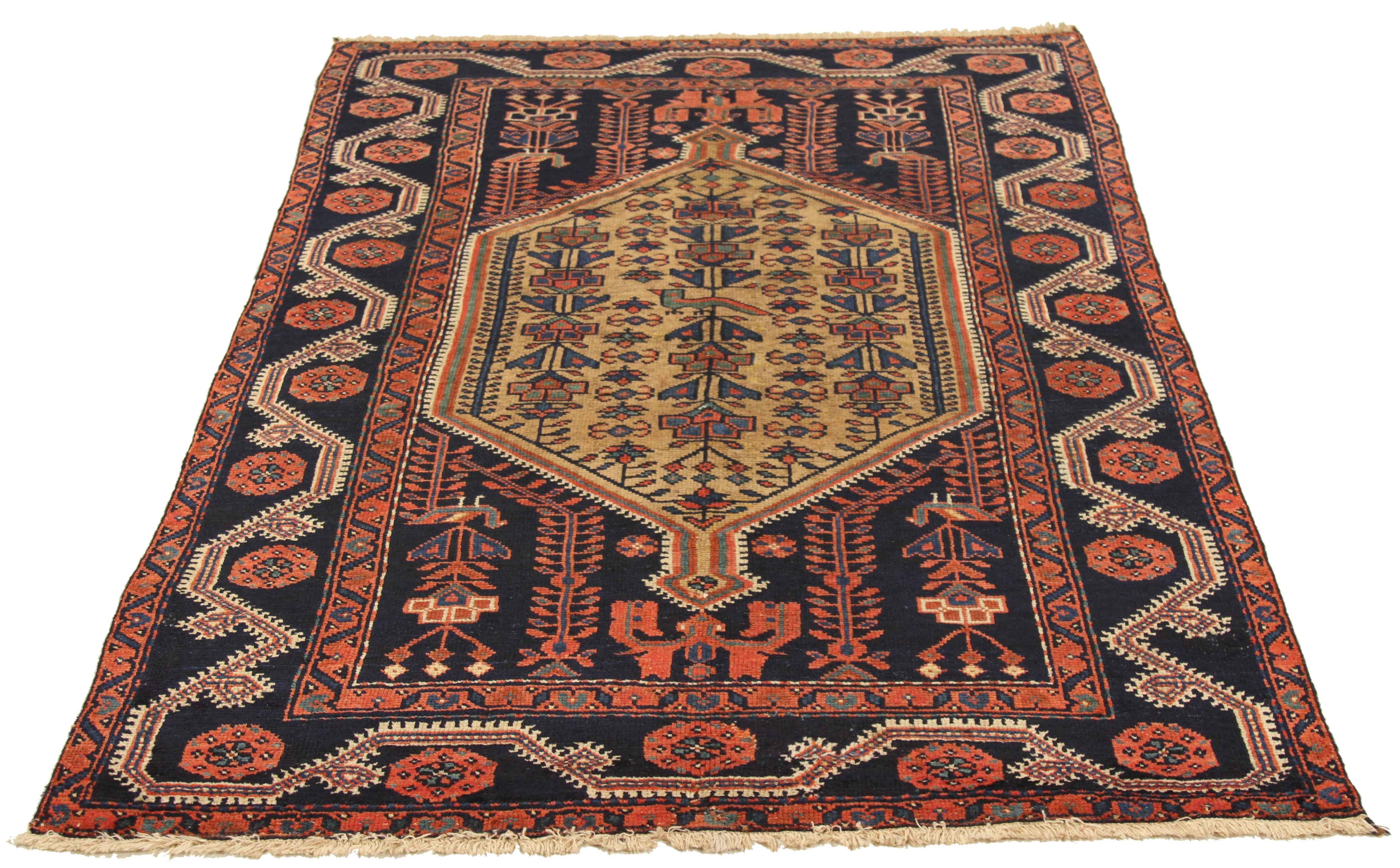 Antique Russian rug handwoven from the finest sheep’s wool and colored with all-natural vegetable dyes that are safe for humans and pets. It’s woven using Khotan design featuring rows of octagon shaped medallions in ivory and black over red field.