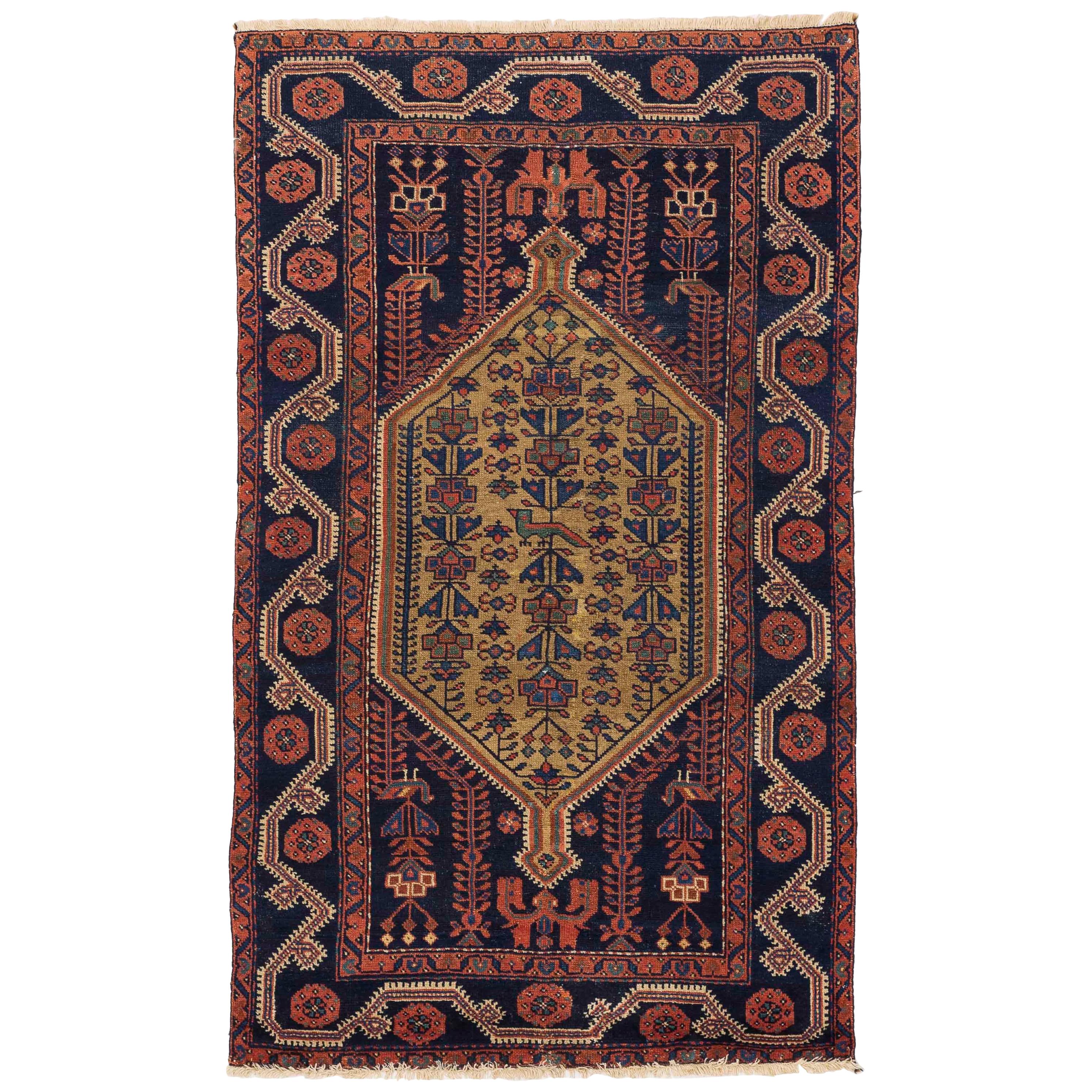 Antique Persian Hamedan Rug with Blue and Red Floral Patterns on Black Field