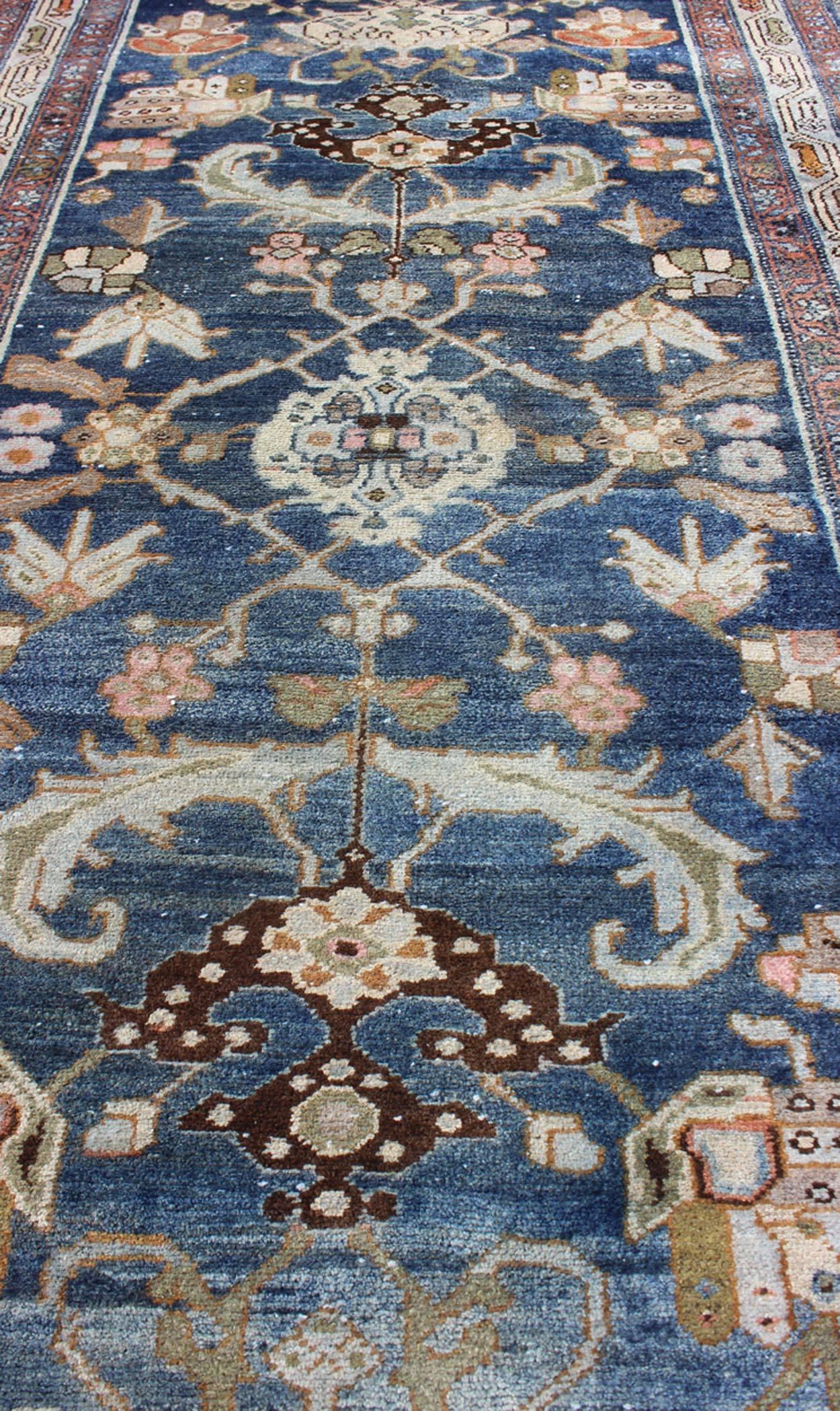 Hand-Knotted Antique Persian Hamedan Rug with Dark Blue Field and Stylized Floral Design