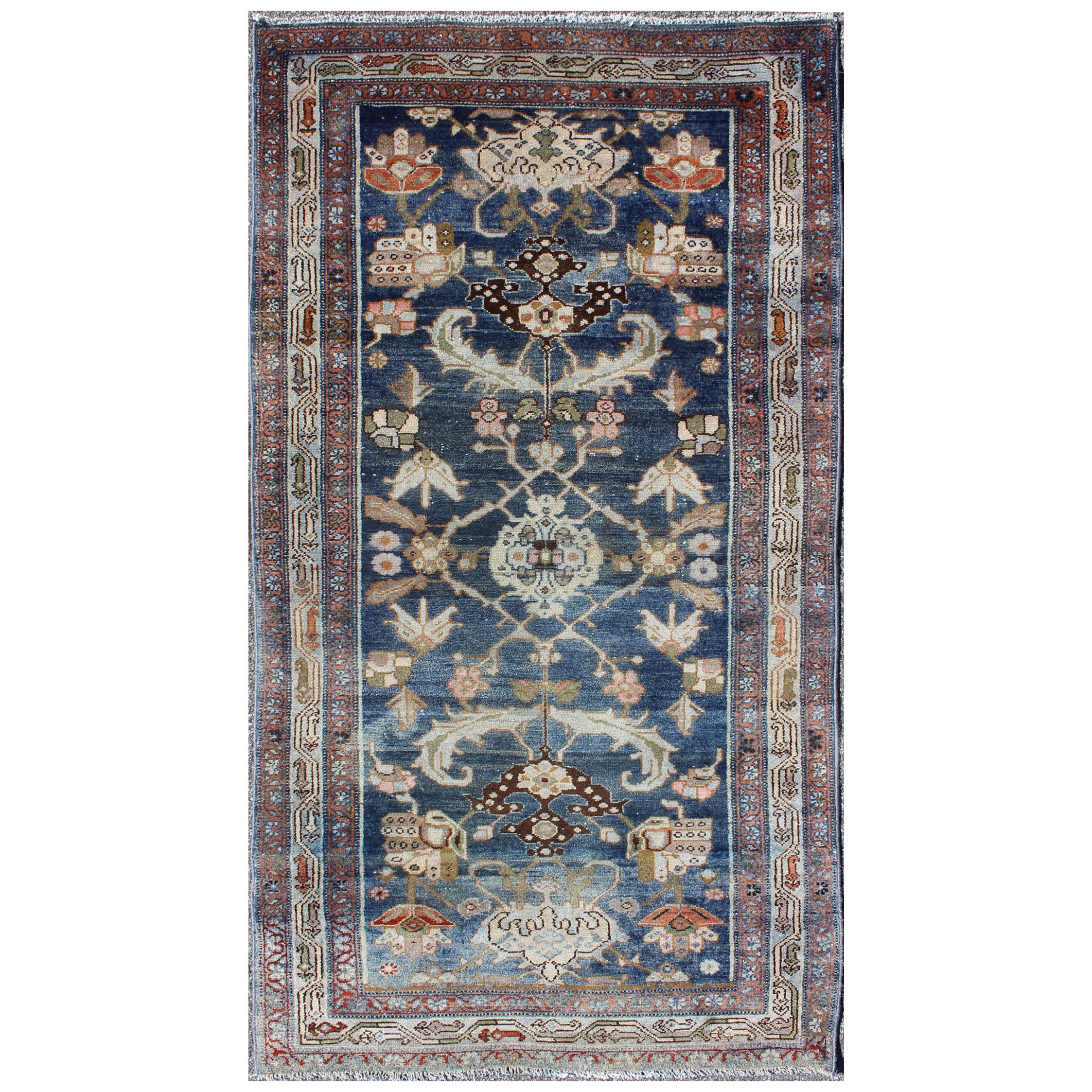 Antique Persian Hamedan Rug with Dark Blue Field and Stylized Floral Design