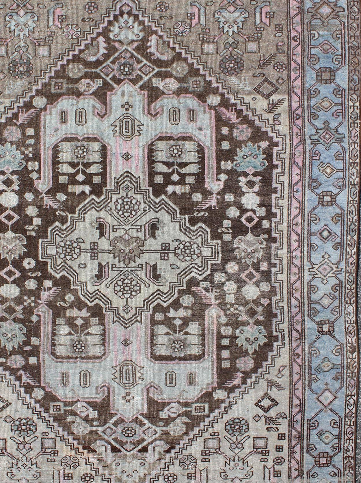 Malayer Antique Persian Hamedan Rug with Geometric Medallion in Blue, Pink, Chocolate For Sale
