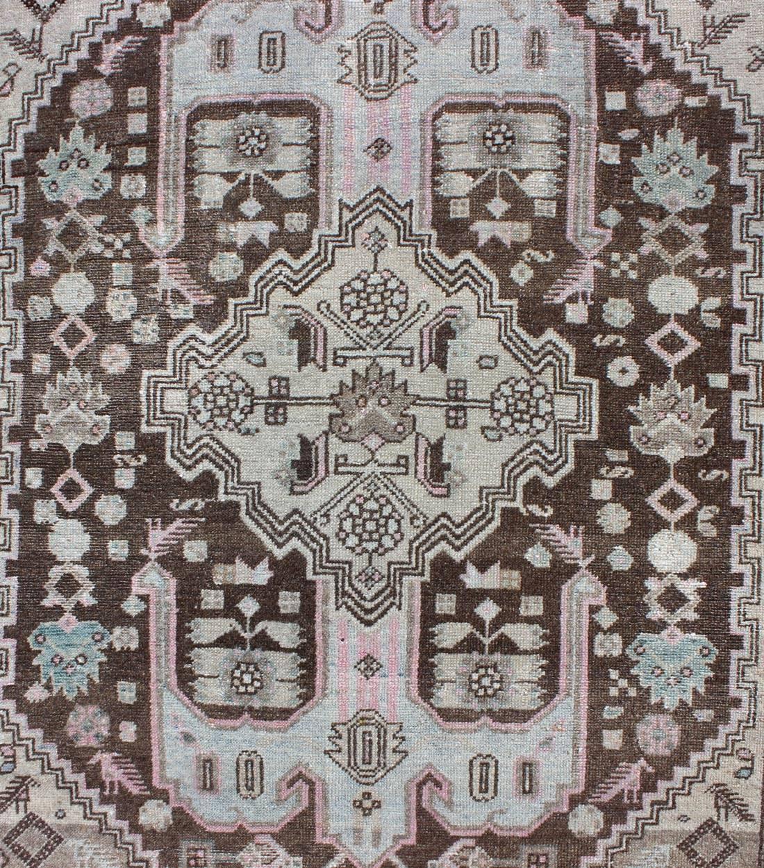 Antique Persian Hamedan Rug with Geometric Medallion in Blue, Pink, Chocolate In Good Condition For Sale In Atlanta, GA