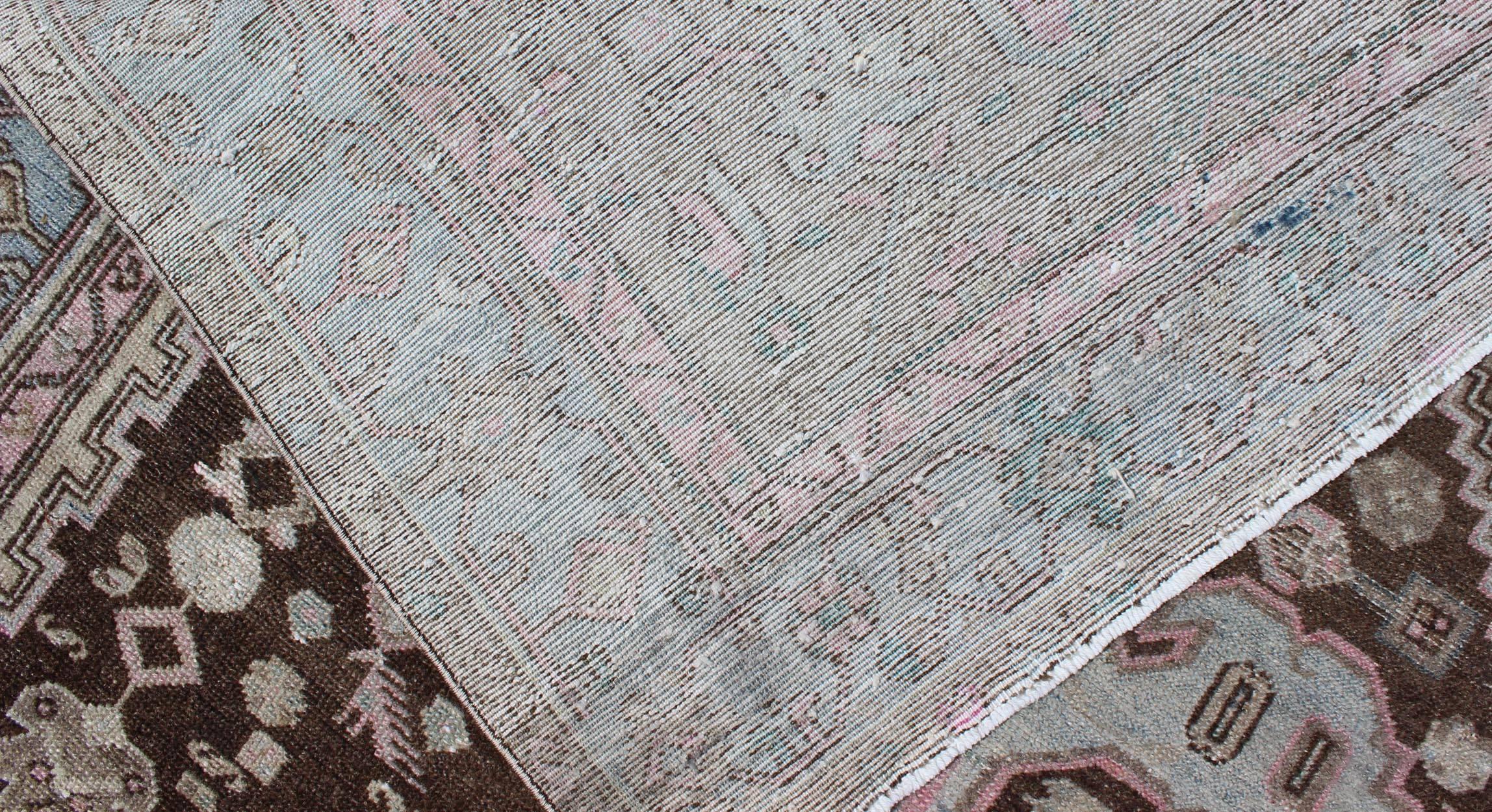 Early 20th Century Antique Persian Hamedan Rug with Geometric Medallion in Blue, Pink, Chocolate For Sale