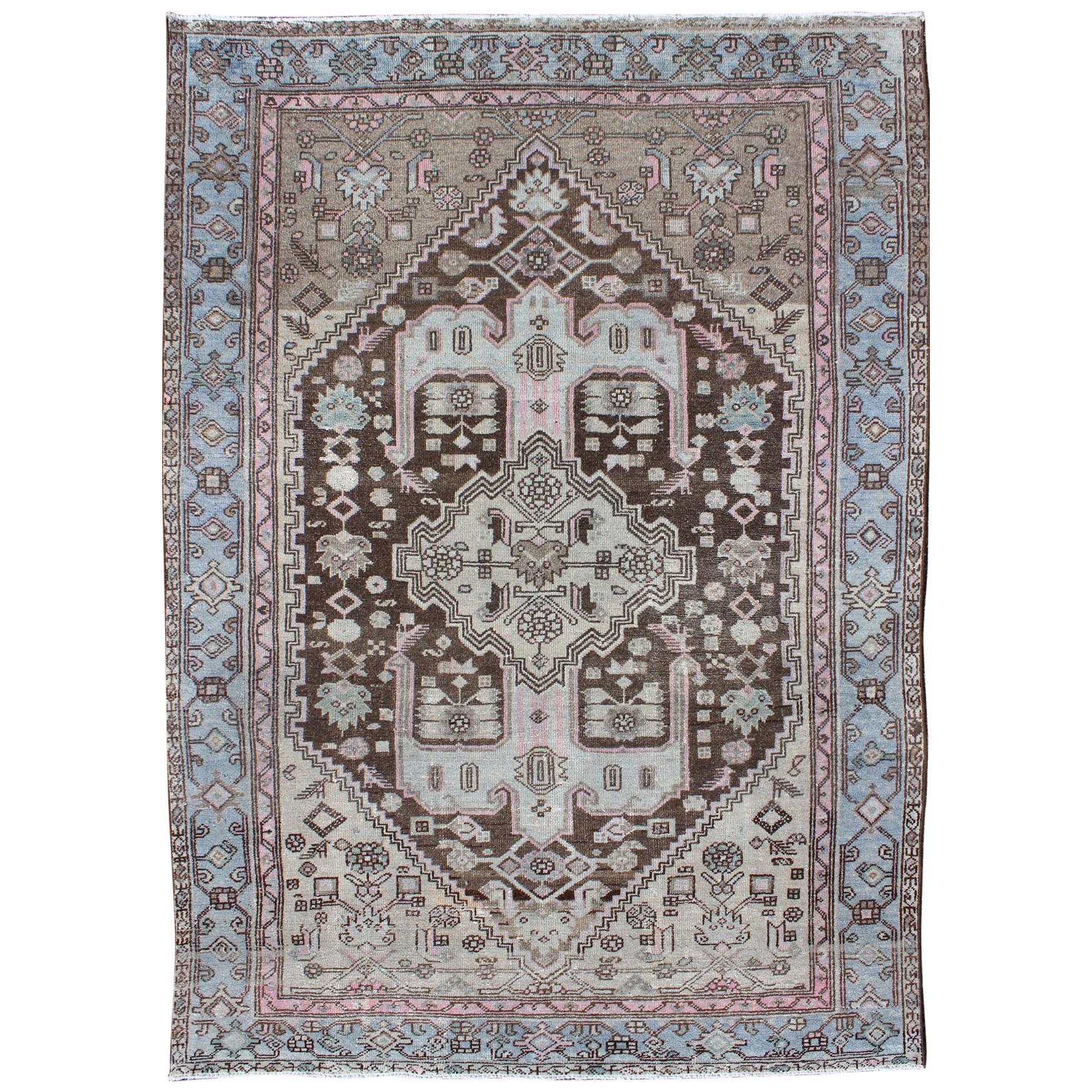 Antique Persian Hamedan Rug with Geometric Medallion in Blue, Pink, Chocolate For Sale
