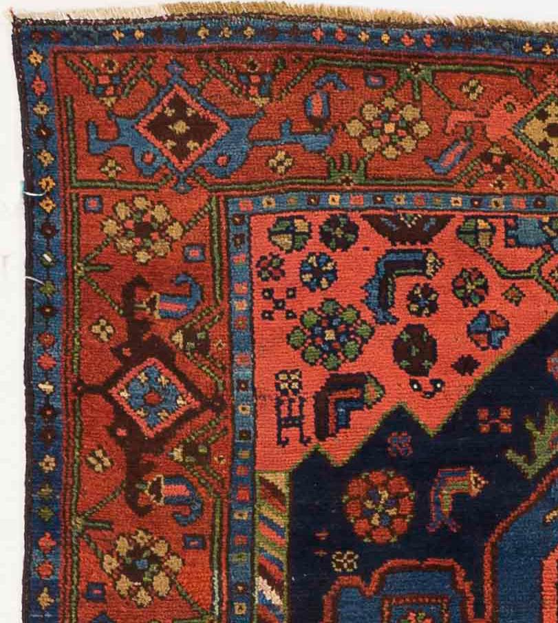 Hand-Woven Antique Persian Hamedan Rug with Red and Blue ‘Anchor’ Patterns on Center Field For Sale