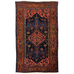 Antique Persian Hamedan Rug with Red and Blue ‘Anchor’ Patterns on Center Field