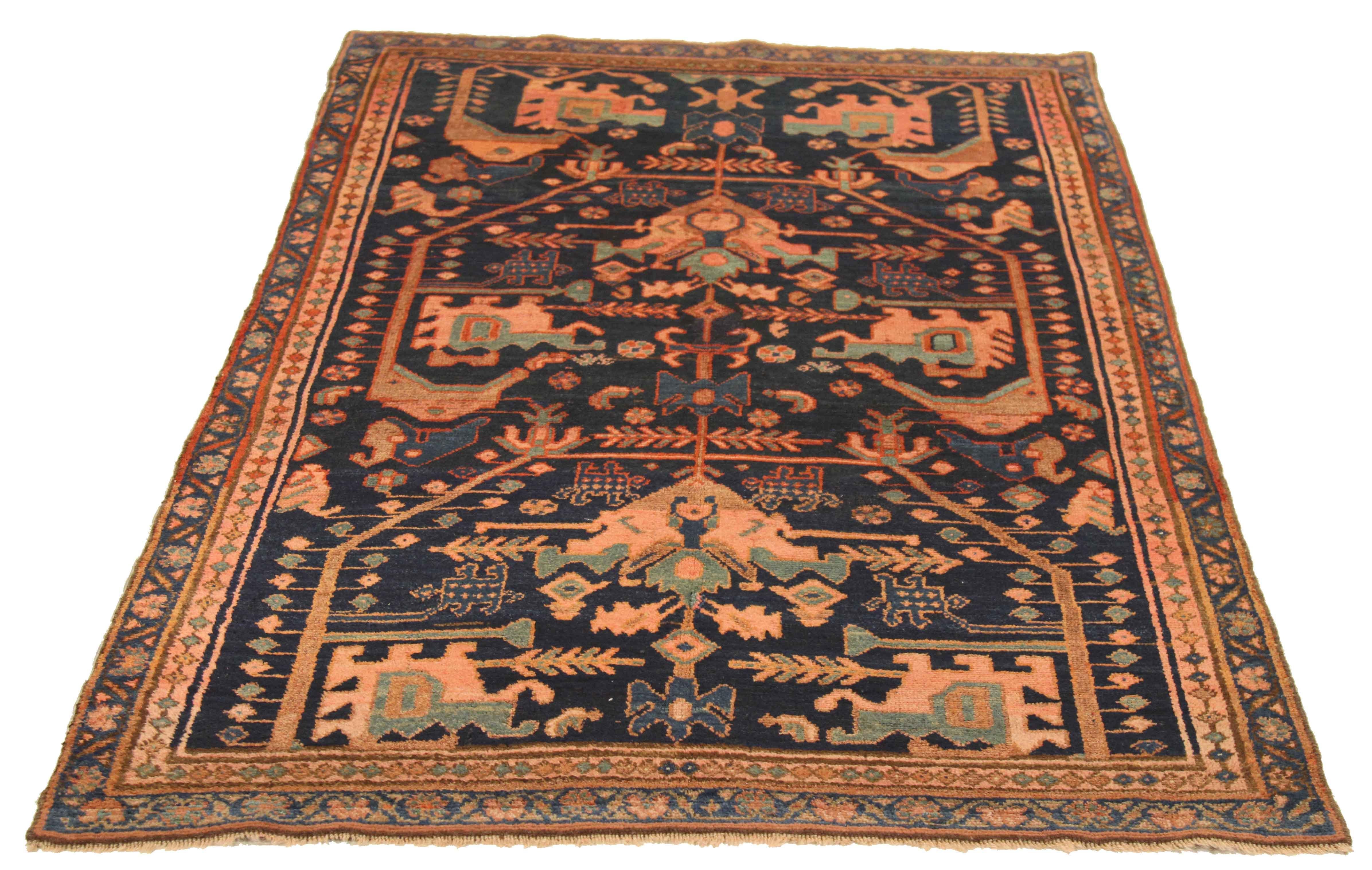 Oushak Antique Persian Hamedan Rug with Red and Green Mixed Animal and Floral Patterns For Sale