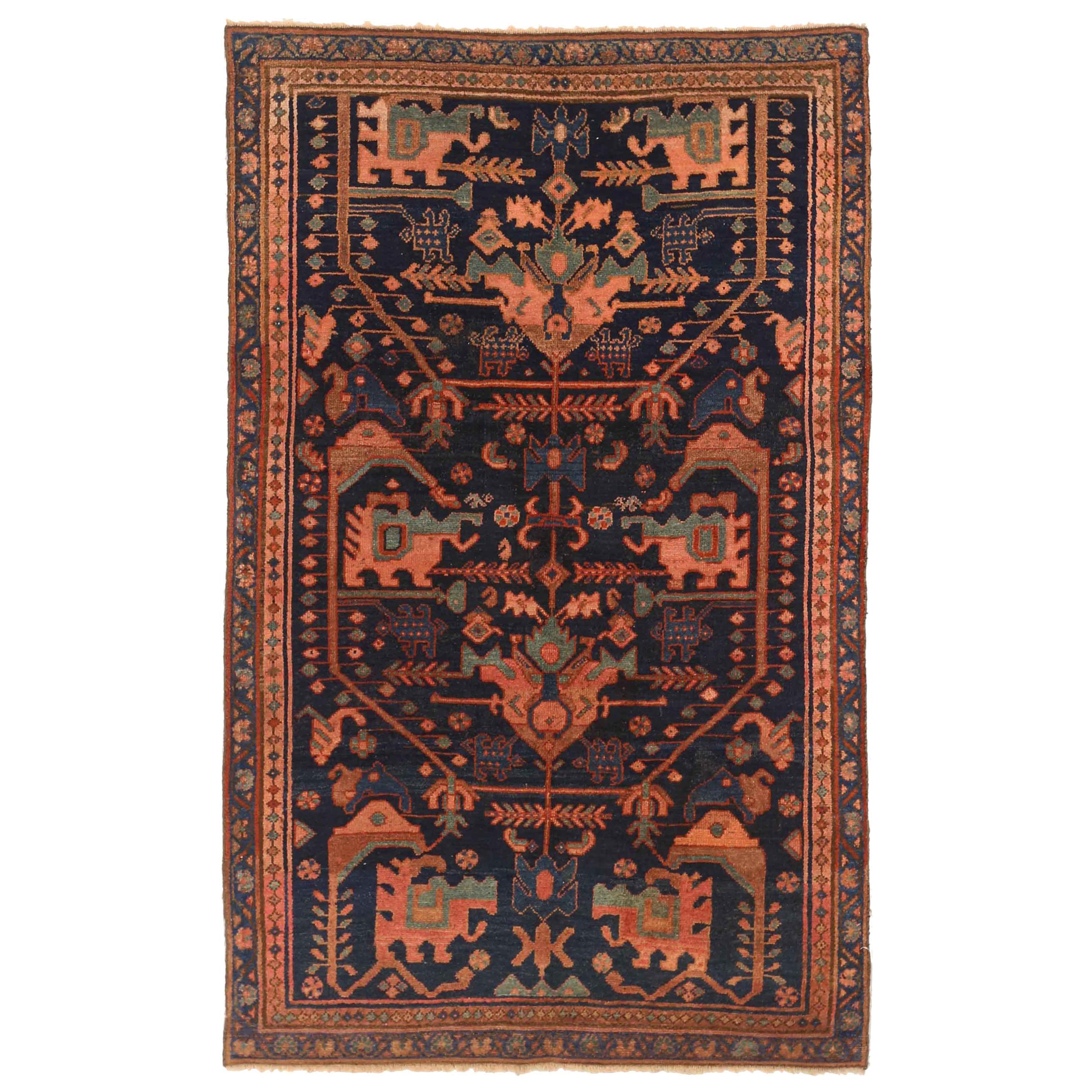 Antique Persian Hamedan Rug with Red and Green Mixed Animal and Floral Patterns