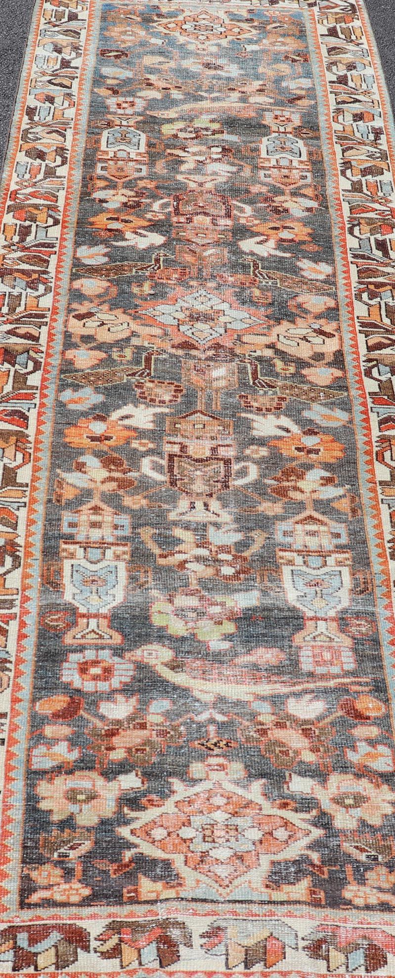 20th Century Antique Persian Hamedan Runner in All-Over Floral Design in Brown, Orange, Ivory For Sale