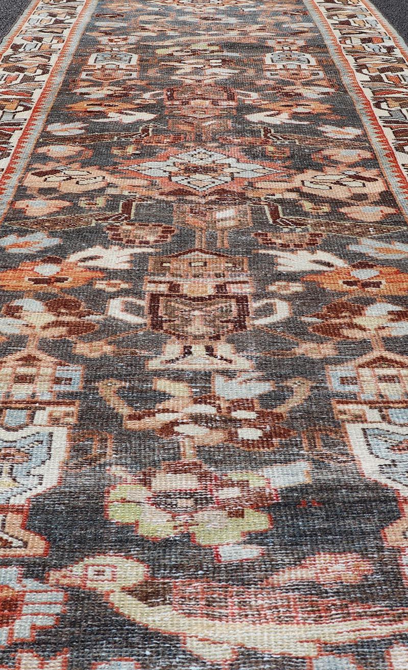 Wool Antique Persian Hamedan Runner in All-Over Floral Design in Brown, Orange, Ivory For Sale