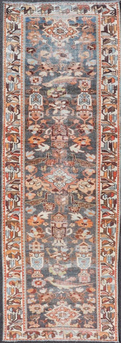 Antique Persian Hamedan Runner in All-Over Floral Design in Brown, Orange, Ivory