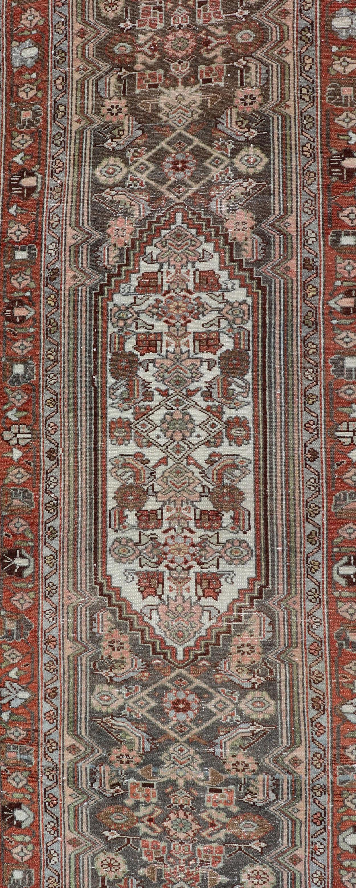 Malayer Antique Persian Hamedan Runner in Green, Coral, Pink & Multi Colors For Sale