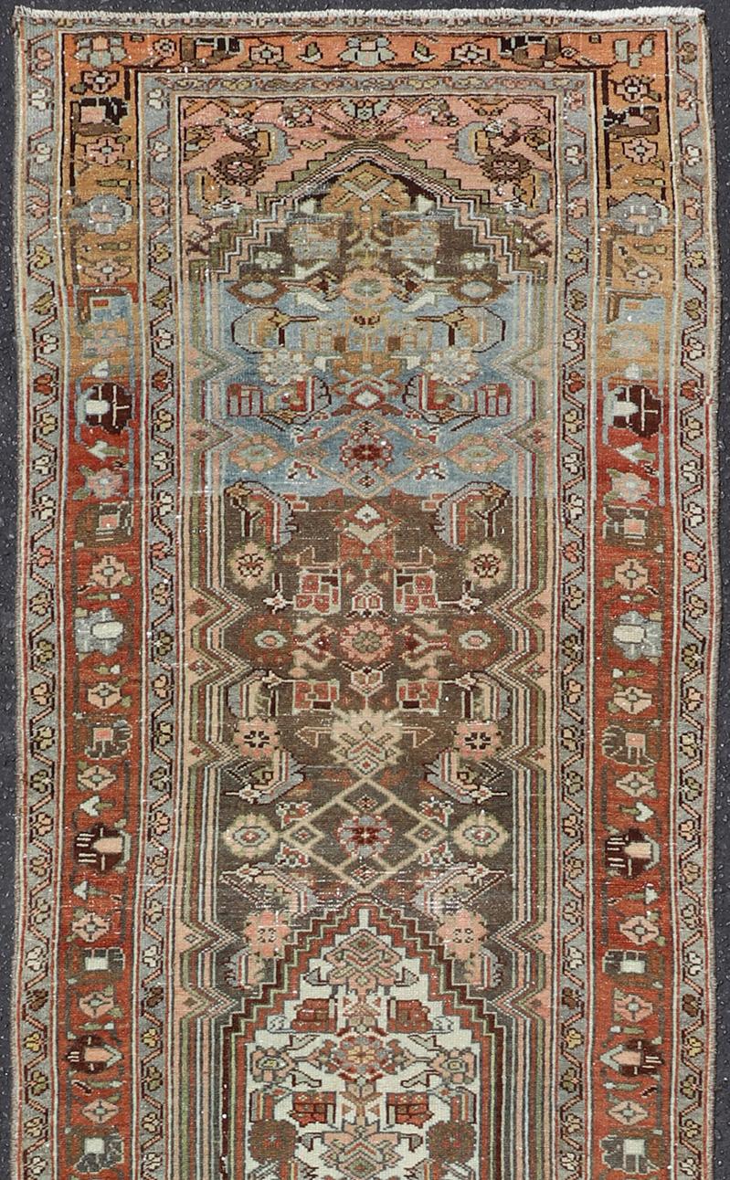 Hand-Knotted Antique Persian Hamedan Runner in Green, Coral, Pink & Multi Colors For Sale
