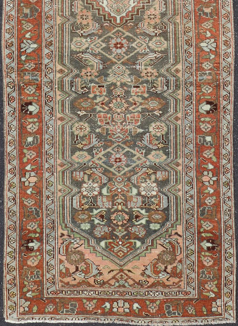 20th Century Antique Persian Hamedan Runner in Green, Coral, Pink & Multi Colors For Sale