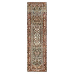 Tapis de corail persan ancien Hamedan vert, corail, rose et multicolore