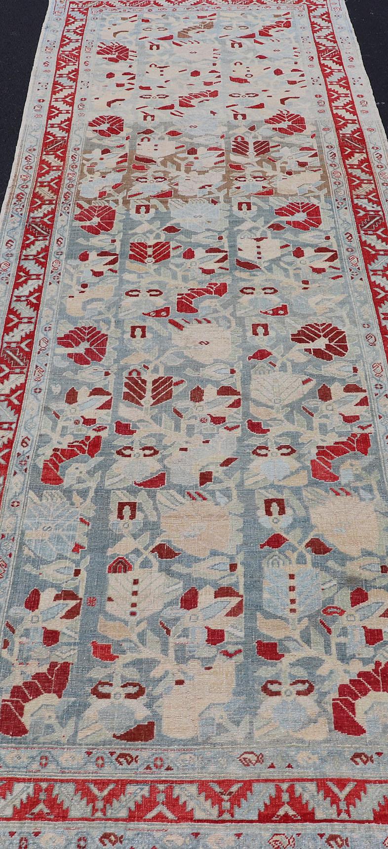 Antique Persian Hamedan Runner with Geometric in Light Blue & Raspberry Red For Sale 3