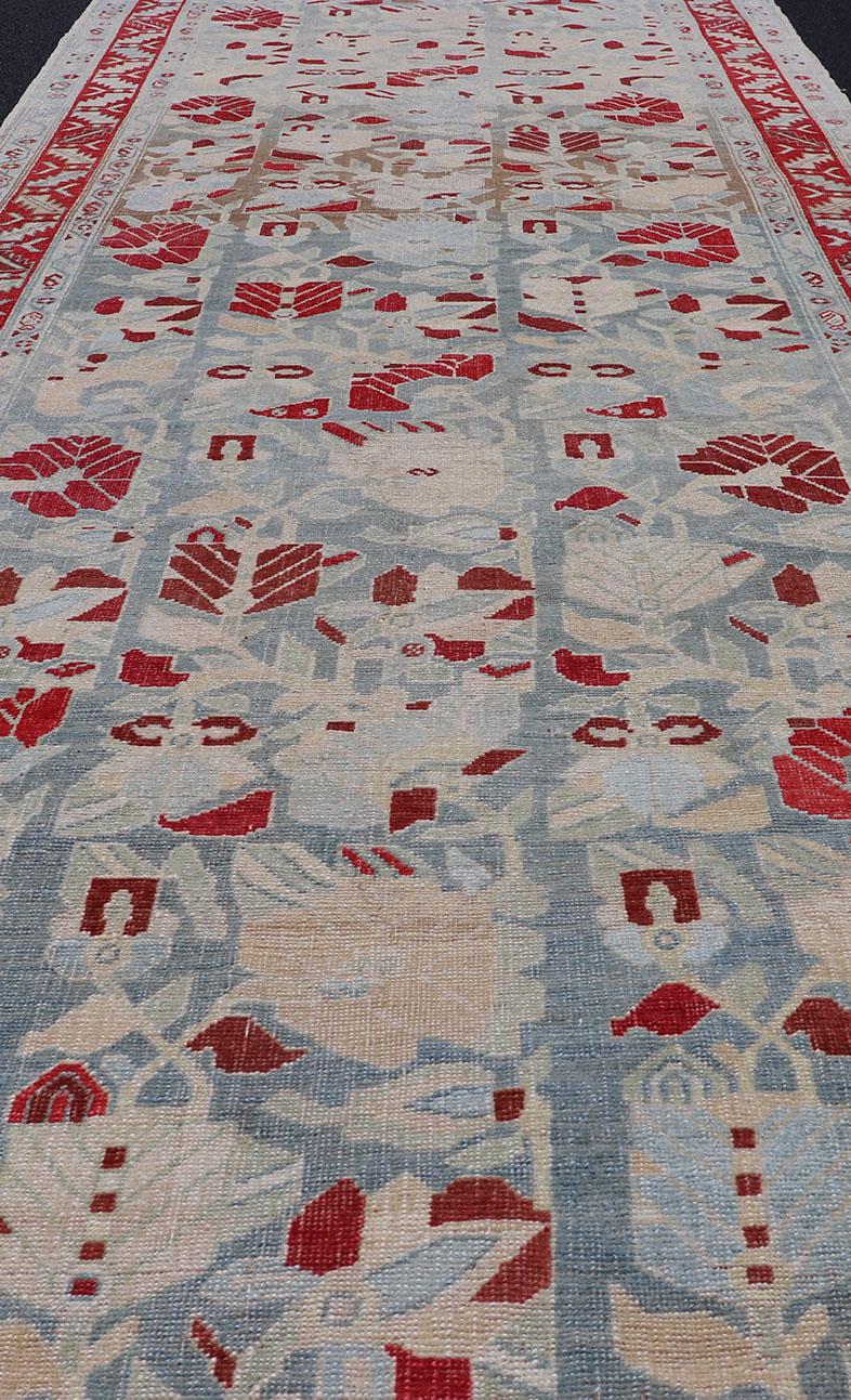 Antique Persian Hamedan Runner with Geometric in Light Blue & Raspberry Red For Sale 4