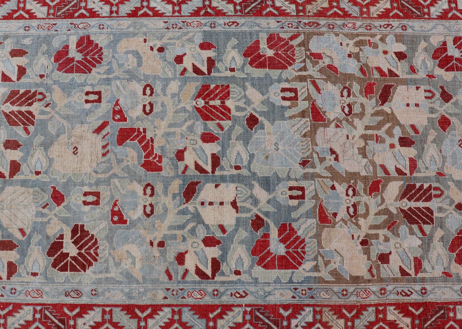 Antique Persian Hamedan Runner with Geometric in Light Blue & Raspberry Red For Sale 5