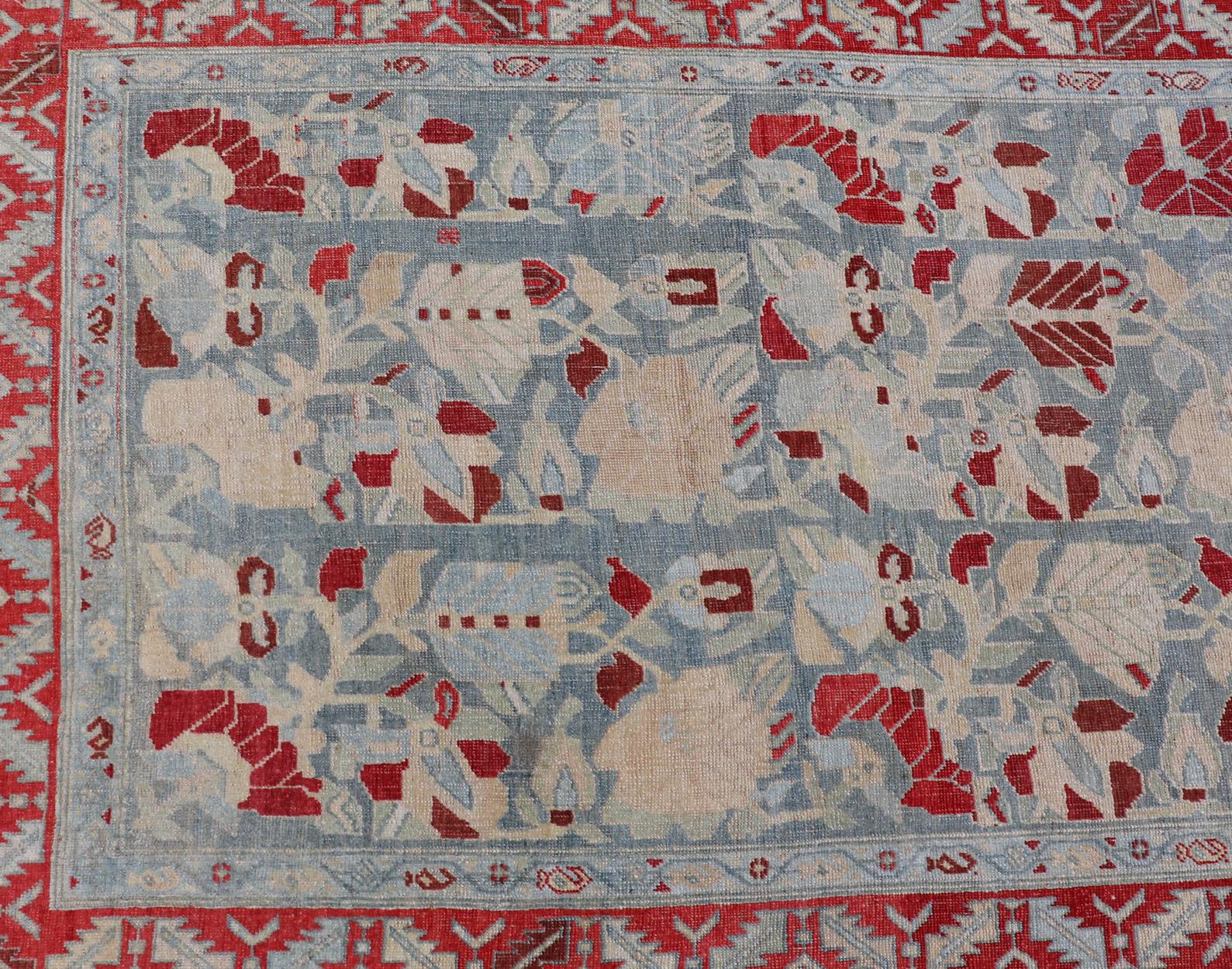 Malayer Antique Persian Hamedan Runner with Geometric in Light Blue & Raspberry Red For Sale