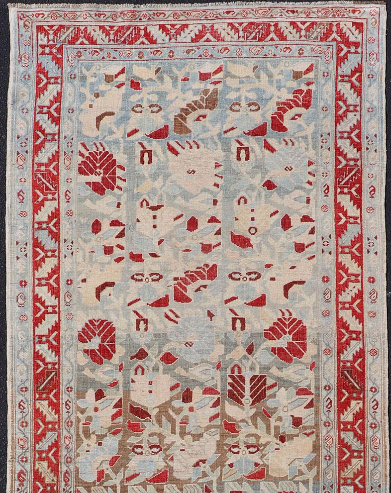 20th Century Antique Persian Hamedan Runner with Geometric in Light Blue & Raspberry Red For Sale