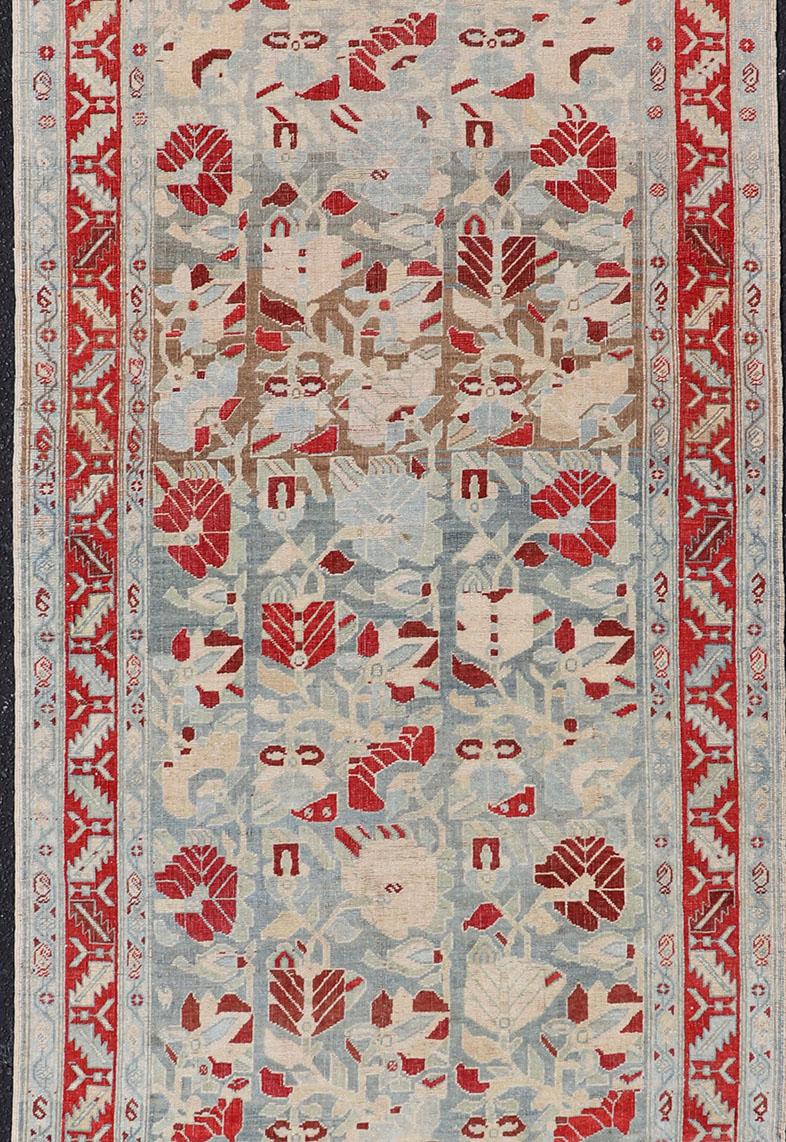 Wool Antique Persian Hamedan Runner with Geometric in Light Blue & Raspberry Red For Sale