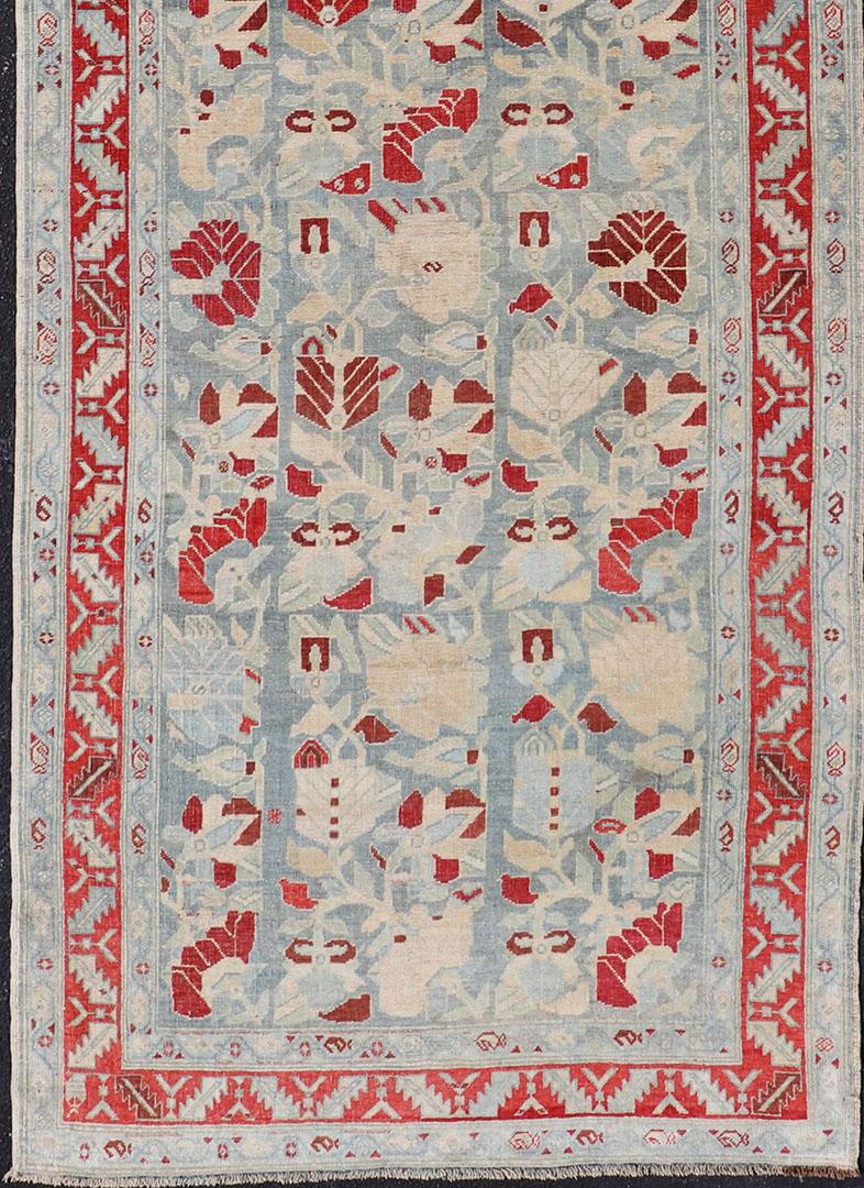 Antique Persian Hamedan Runner with Geometric in Light Blue & Raspberry Red For Sale 1