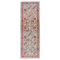 Antique Persian Hamedan Runner with Geometric in Light Blue & Raspberry Red