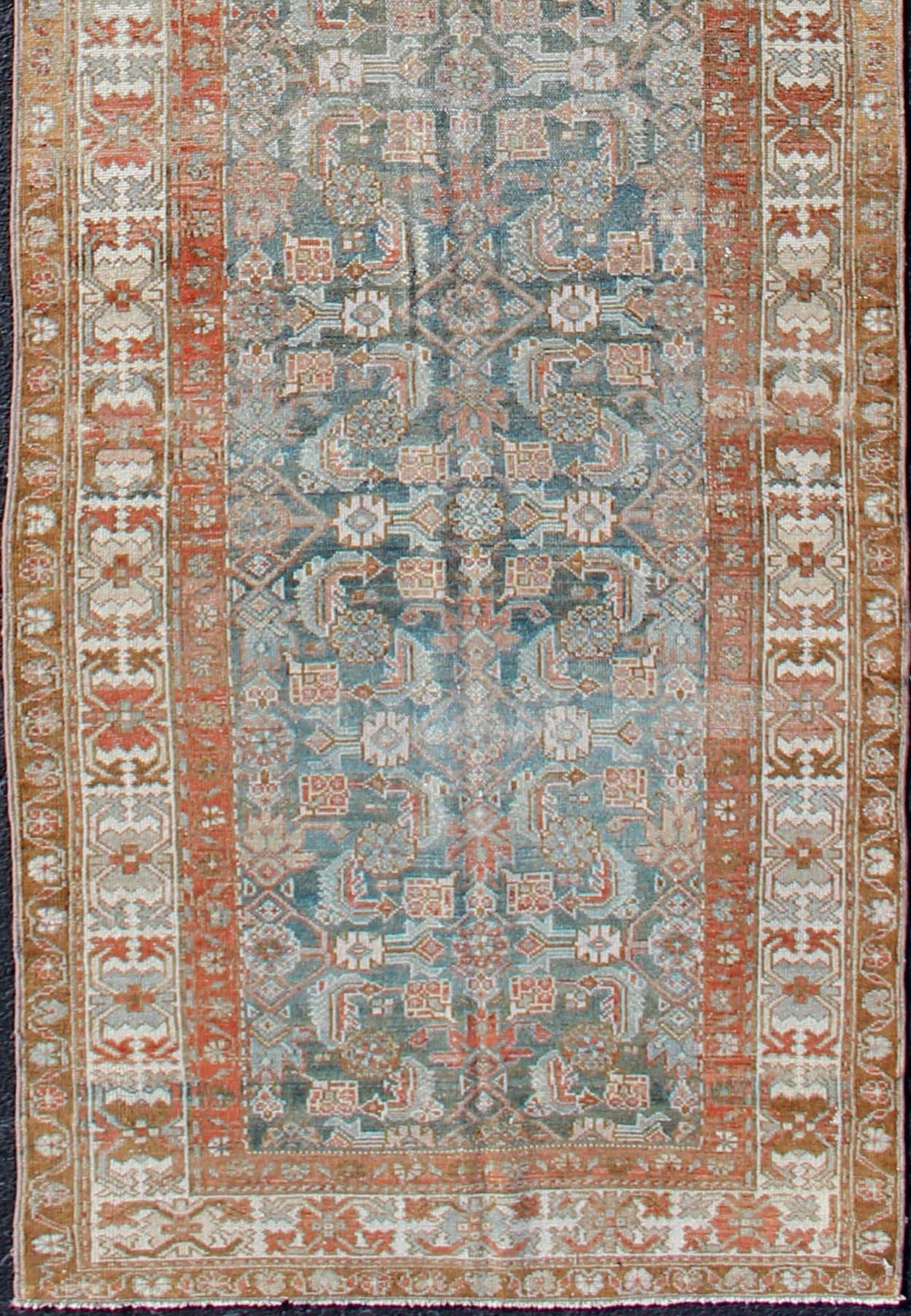 Malayer Antique Persian Hamedan Runner with Sub-Geometric Design Earth Tones with Red For Sale