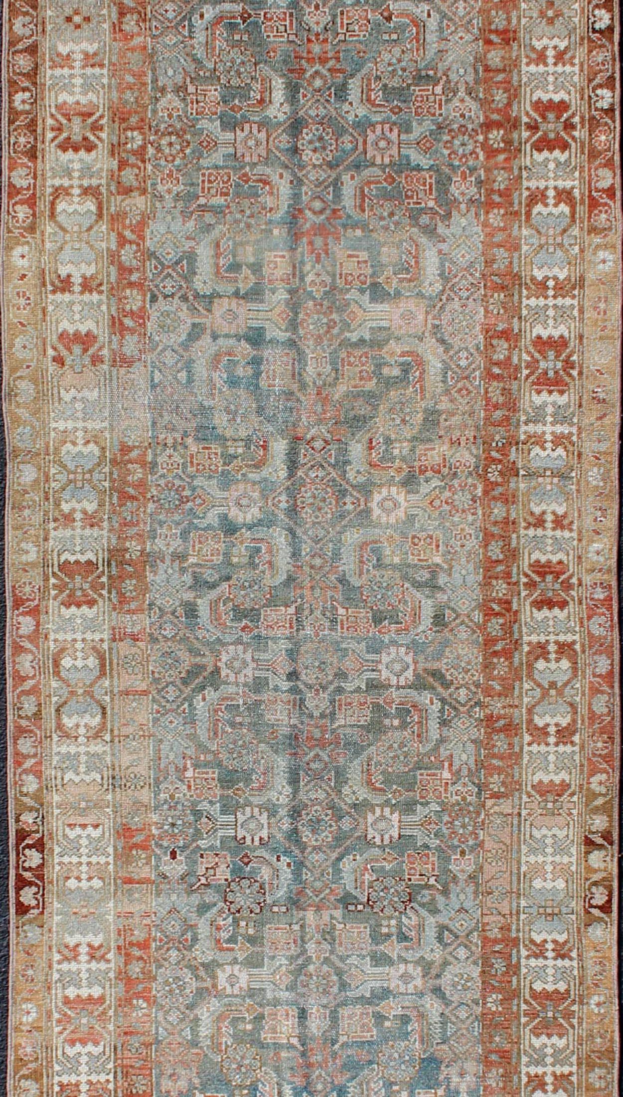 Hand-Knotted Antique Persian Hamedan Runner with Sub-Geometric Design Earth Tones with Red For Sale