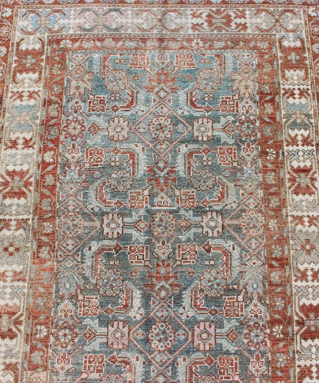 Wool Antique Persian Hamedan Runner with Sub-Geometric Design Earth Tones with Red For Sale
