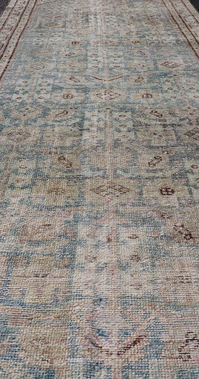 Malayer Antique Persian Hamedan Runner with Sub-Geometric Design in Blues and Neutrals  For Sale
