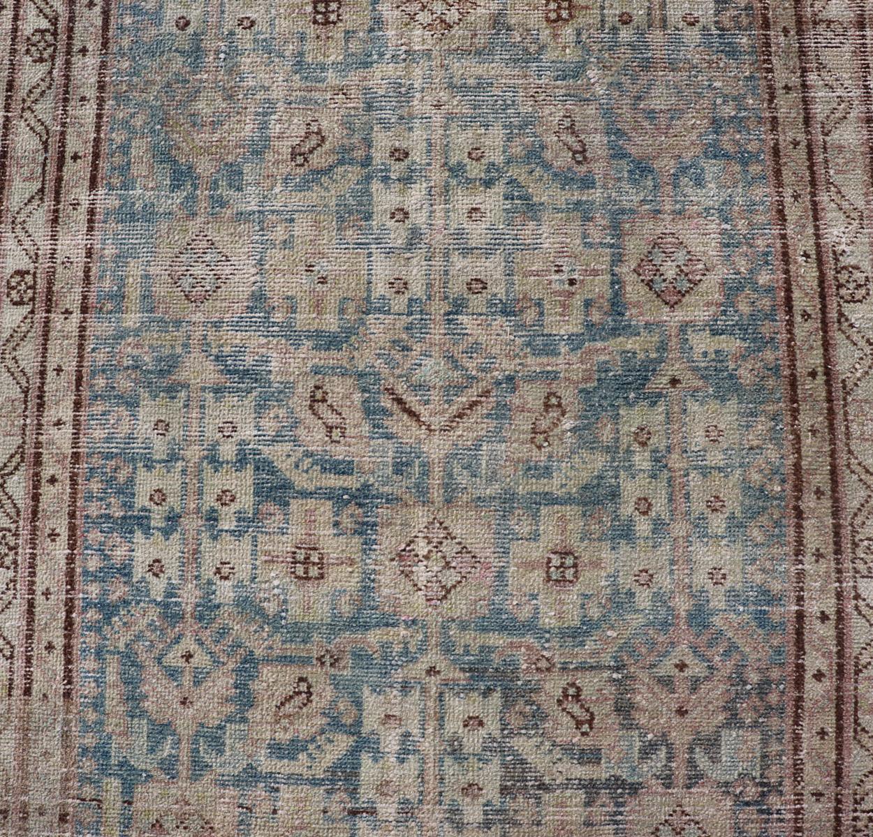 Hand-Knotted Antique Persian Hamedan Runner with Sub-Geometric Design in Blues and Neutrals  For Sale