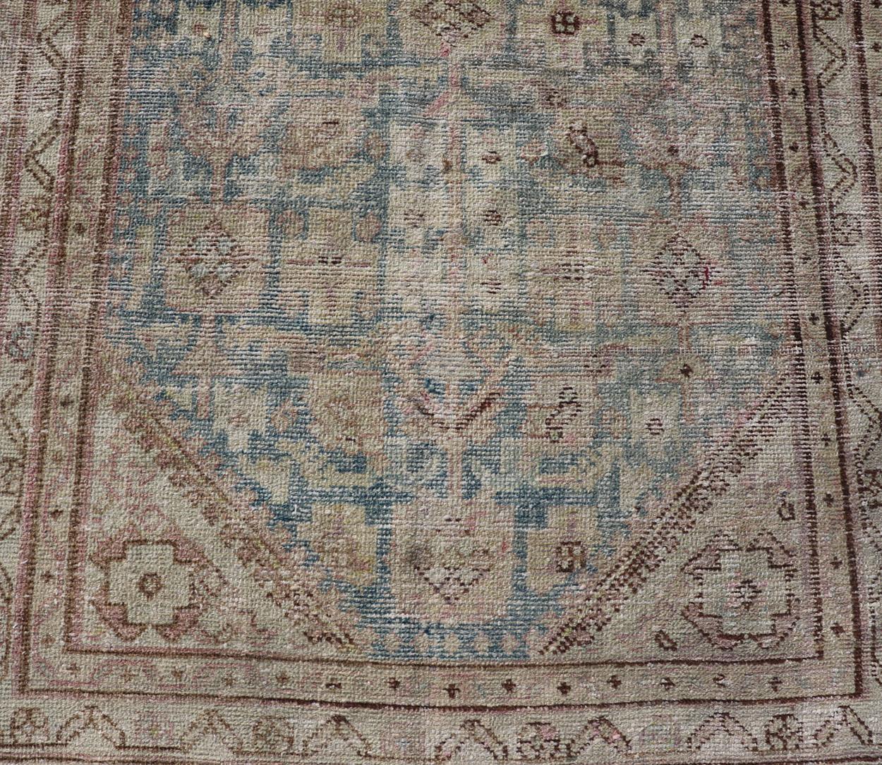 20th Century Antique Persian Hamedan Runner with Sub-Geometric Design in Blues and Neutrals  For Sale