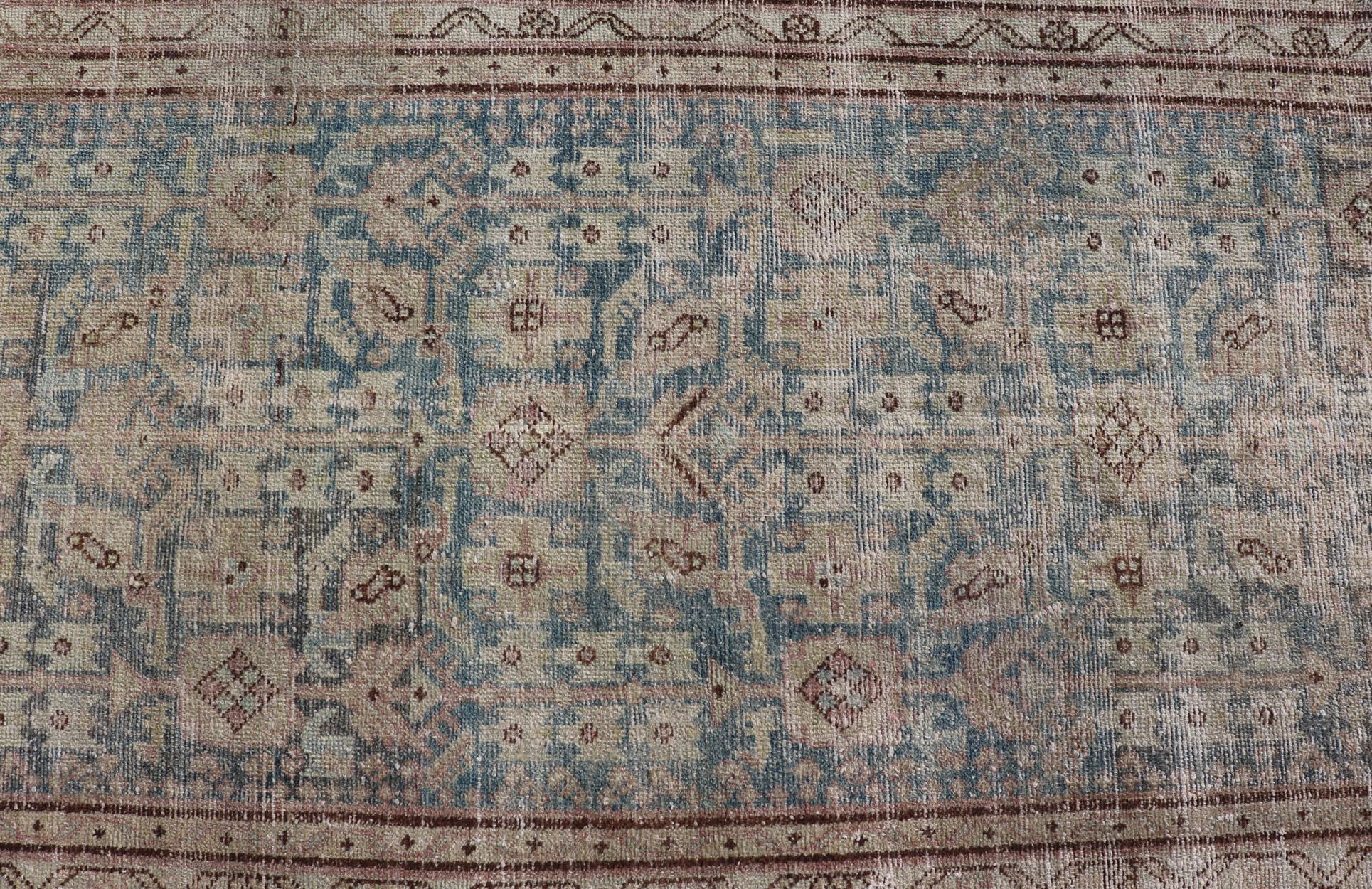 Wool Antique Persian Hamedan Runner with Sub-Geometric Design in Blues and Neutrals  For Sale