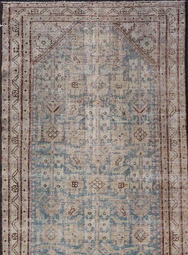 Antique Persian Hamedan Runner with Sub-Geometric Design in Blues and Neutrals  For Sale 1