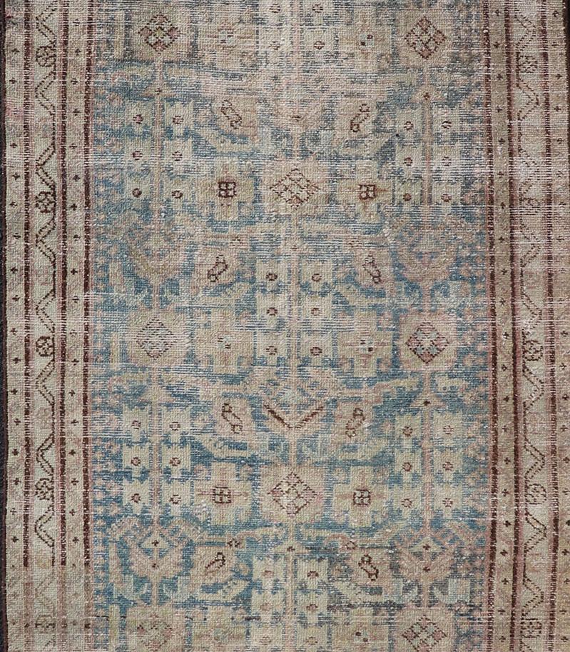 Antique Persian Hamedan Runner with Sub-Geometric Design in Blues and Neutrals  For Sale 2