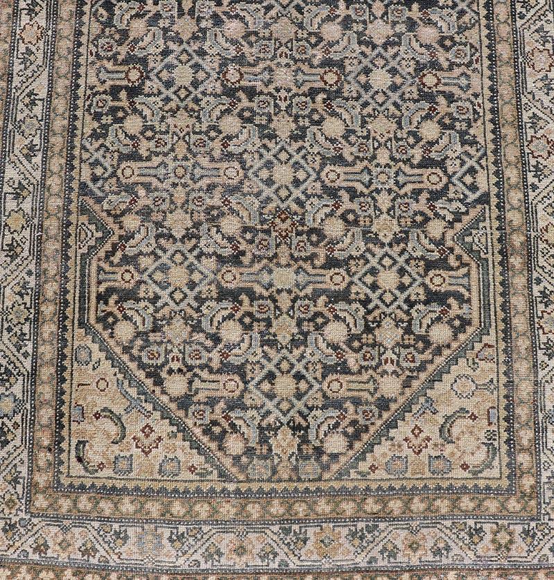 Measures: 3'3 x 12'0
Antique Persian Hamedan Runner with Sub-Geometric Design in Gray and Cream. Keivan Woven Arts / rug EMB-22187-15068, country of origin / type: Iran / Hamedan, circa 1920

This antique Persian Hamadan rug has been hand-knotted in